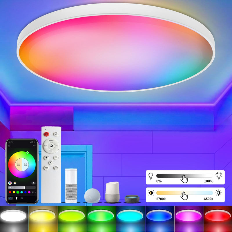 Taipow LED Ceiling Light with Remote Control, 30W Flush Led RGB Colour Changing Ceiling Light Compatible with Alexa and Google Home, Smart Round Ceiling Lighting for Kids Bedroom Hallway (2700-6500K)