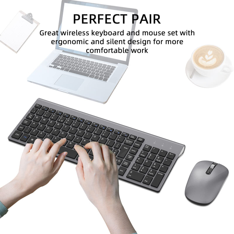 Wireless Keyboard Mouse Combo, cimetech 2.4G Ultra-Thin Keyboard and Mouse Set with Sleek Ergonomic Silent Design & Stable Connection for Windows PC Laptop Computer (QWERTY UK Layout, Gray)