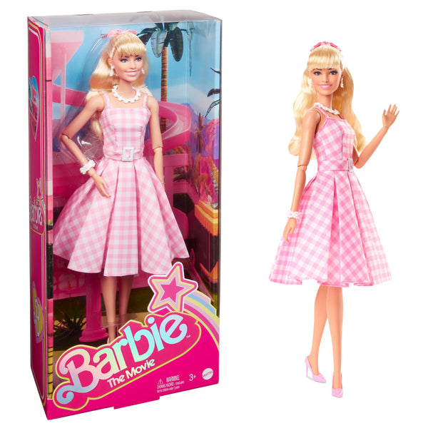 Barbie The Movie Doll, Margot Robbie Barbie Doll with Pink and White Gingham Dress and Daisy Chain Necklace, Toys for Ages 3 and Up, One Barbie Doll, HPJ96