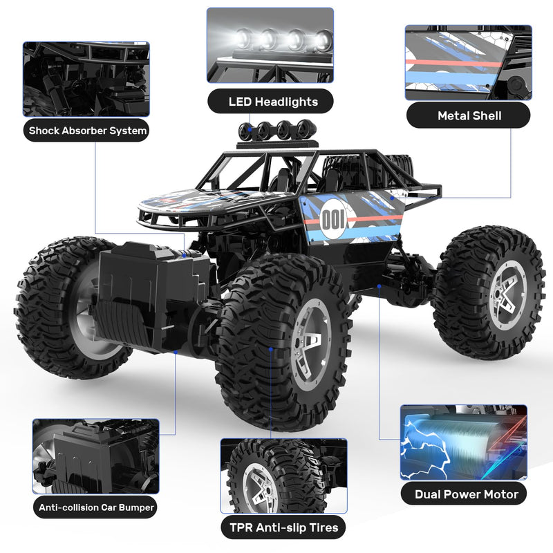 DEERC DE45 1:14 Remote Control Truck, RC Car Toy Rock Crawler, 4WD Off Road Monster Truck with Metal Shell Dual Motors LED Headlight 90 Min Play