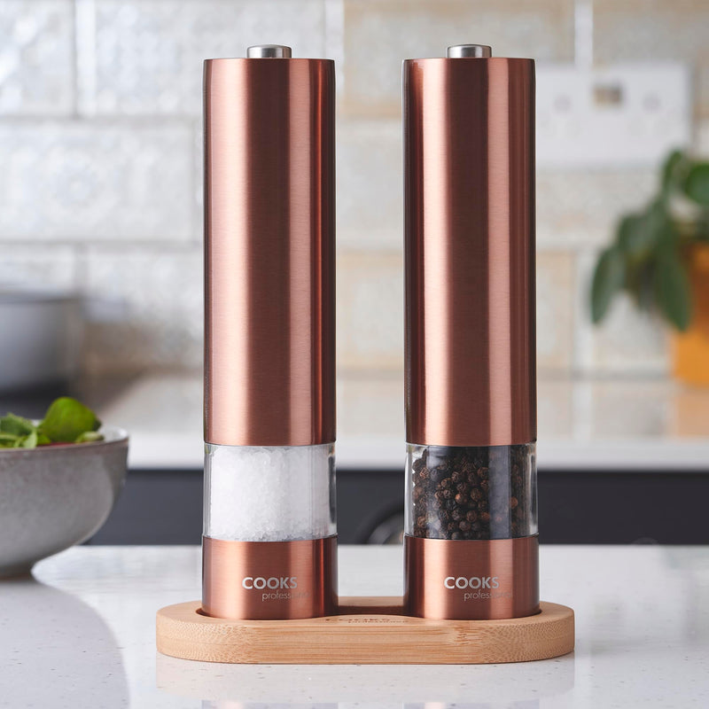 Cooks Professional Electric Automatic Salt and Pepper Mill Set | Bamboo Stand | Battery Operated Grinders | Adjustable Grinding | Condiment Grinder for Kitchen Accessories | Copper/Bamboo