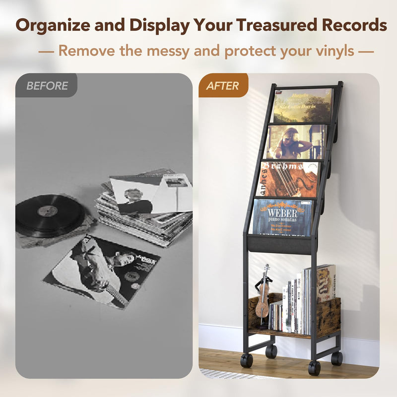 Vinyl Record Player Stand,Record Player Storage Up to 100 Albums,Record Cabinet with 4 Tier Vinyl Holder Display Shelf Turntables for Vinyl Records,Movable Record Table for Book Magazine Turntable