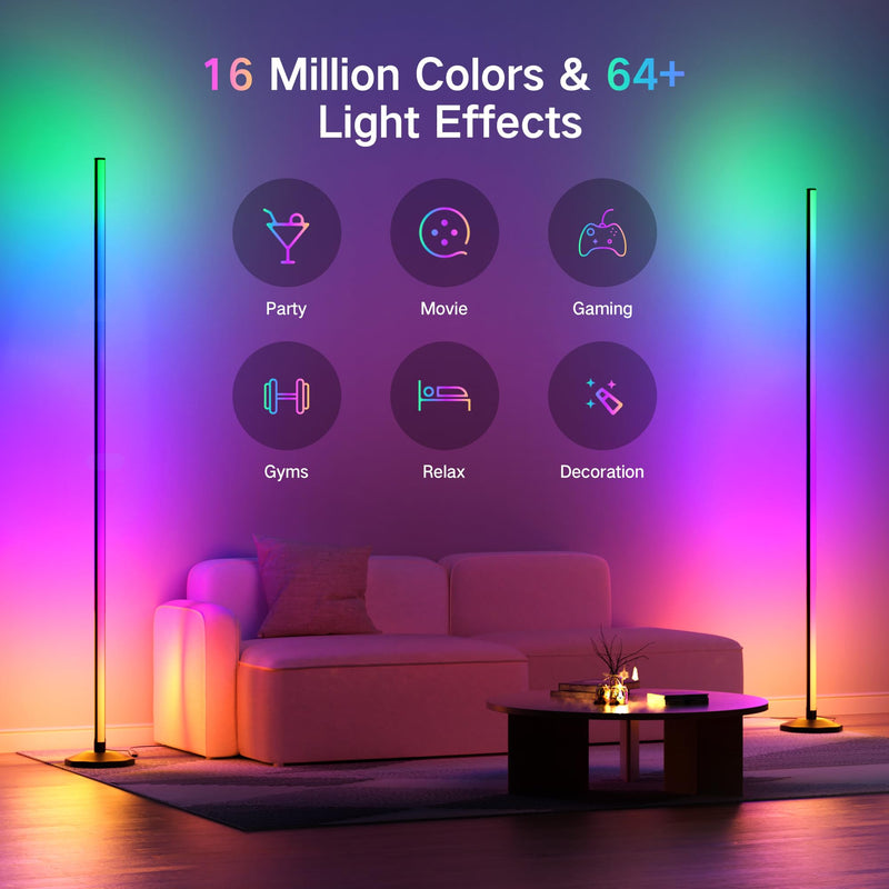 OUTON LED Corner Floor Lamp, 165cm Dimmable Modern RGB Color Changing Smart Lamp with Remote & APP Control, 16 Million DIY Colors, Music Sync, Standing Lamp Mood Light for Living Room Bedroom Gaming