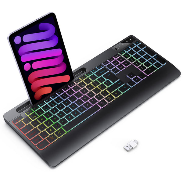 TECURS Wireless Keyboard - 2.4G Wireless Gaming Keyboard Wirst Rest with Phone Holder, QWERTY UK Layout, Multimedia, LED Backlit, Silent Keyboard for MAC/Windows