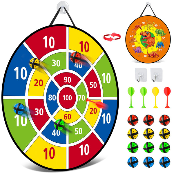 26 Inches Kids Dart Board Set,Montessori Toy Dinosaur Theme Double Sided with 12 Sticky Balls,Indoor Outdoor Party Games Toys Gifts for 3 4 5 6 7 8 9 10 11 12 Year Old Boy Girl and Adult