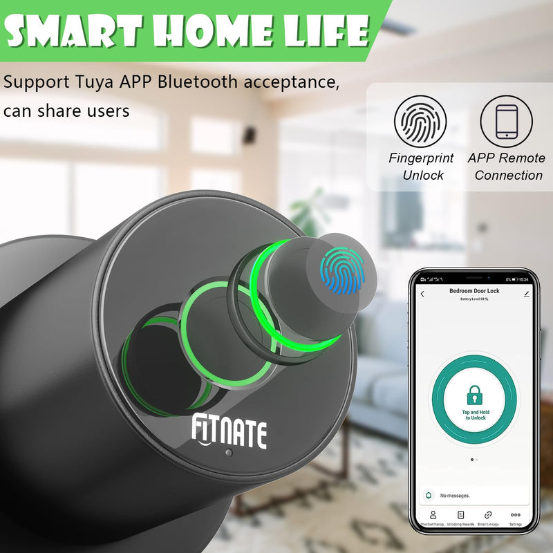 FITNATE Smart Lock Fingerprint Door Knob, Biometric Door Lock Fingerprint Key with App Control, Bluetooth Smart Deadbolt, Touch to Digital Door Lock for Bedroom,Home,Hotel,Office, Black