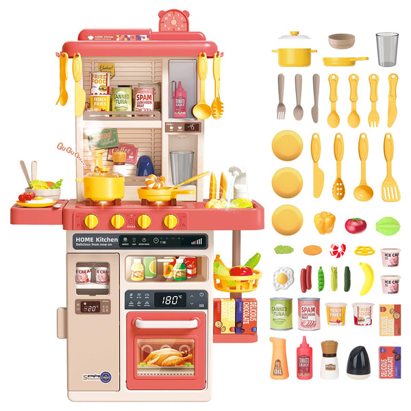 deAO Kitchen Playset Toy with Realistic Lights & Sounds, Kids Play Kitchen Set with Simulation of Spray Features, Pretend Role Play Toys with Lots of Kitchen Accessories Gift for Toddlers (Pink)