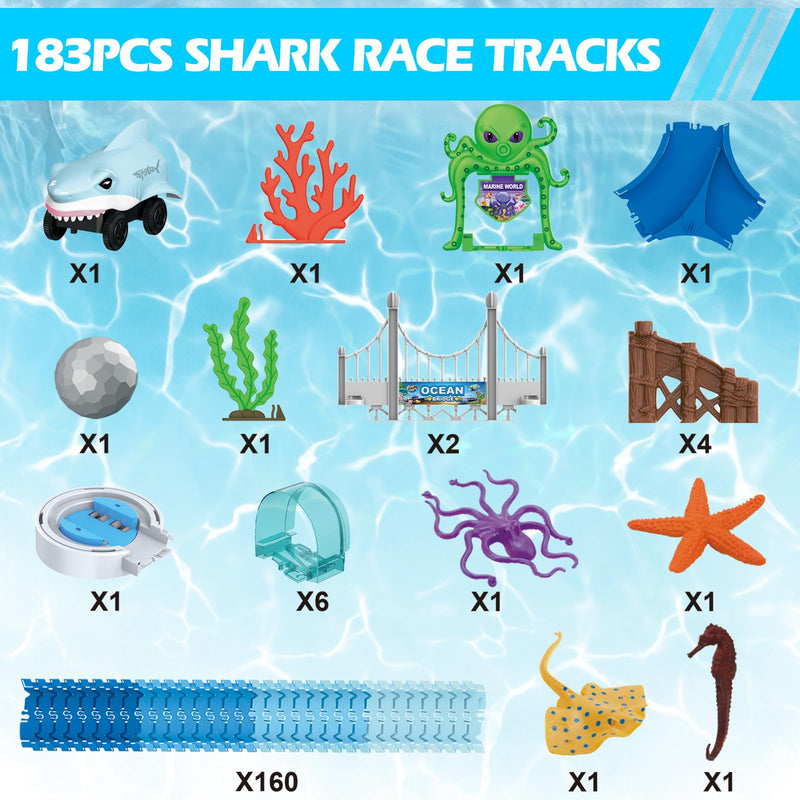 VATOS Track Toys, 183 Pcs Race Car Toys for Boys Girls 3 4 5 6 7 9 Year, Bendable Flexible Racetrack Cars with Shark & Ball, Ocean Theme Train Toys, STEM Educational Playset Birthday Gift