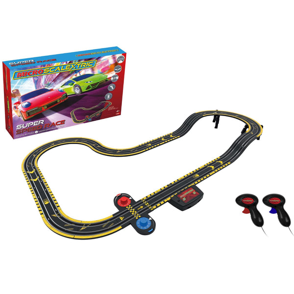 Micro Scalextric Sets for Kids Age 4+ - Super Speed Race Set - Battery Powered Electric Racing Track Set, Slot Car Race Tracks - Includes: 2x Cars, 1x Track Set, 1x Battery Powerbase, 2x Controllers
