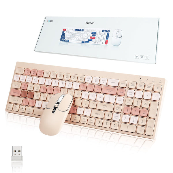 Wireless Keyboard Mouse Combo, 2.4G Bluetooth Keyboard and Mouse Set Rechargeable with Sleek Ergonomic Silent Design Stable Connection for Computer PC Laptop Windows (QWERTY US Layout, Milk tea color)