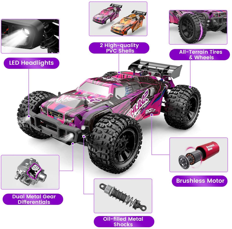 DEERC Large Brushless Remote Control Car 1:10, High Speed RC Cars 37 MPH, 2 Battery 40+ Min, 2 Shell LED Headlight All Terrain Off Road Monster Truck for Adults Kids(200E)