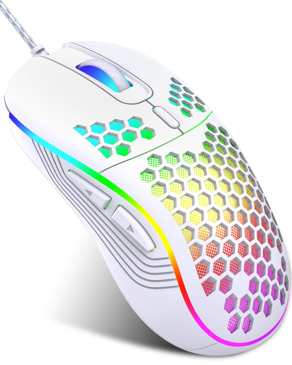 JYCSTE Wired gaming mouse, RGB backlighting and 7200 adjustable DPI, ergonomic and lightweight USB computer mouse with high-precision sensor for Windows PC & laptop gamers (White)