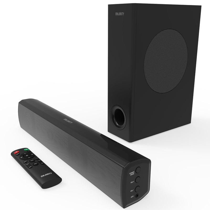 MAJORITY Bowfell Plus | Bluetooth Soundbar with Subwoofer | 100 Watt 2.1 Speaker Sound Bar for TV | Optical, RCA, USB, MP3, AUX Input | Custom EQ Settings & Remote Control Included