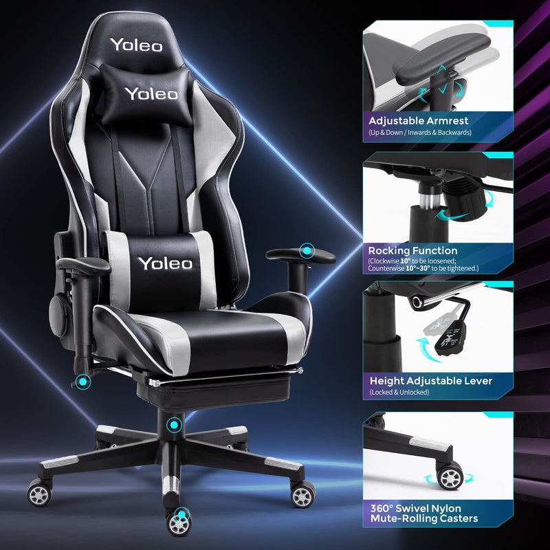 YOLEO Gaming Chair Ergonomic Computer Gaming Chair Adjustable Armrest High Back Office Chair Mute Casters Desk Chair with Lumbar Support and Headrest, Recliner Chair BIFMA Certified