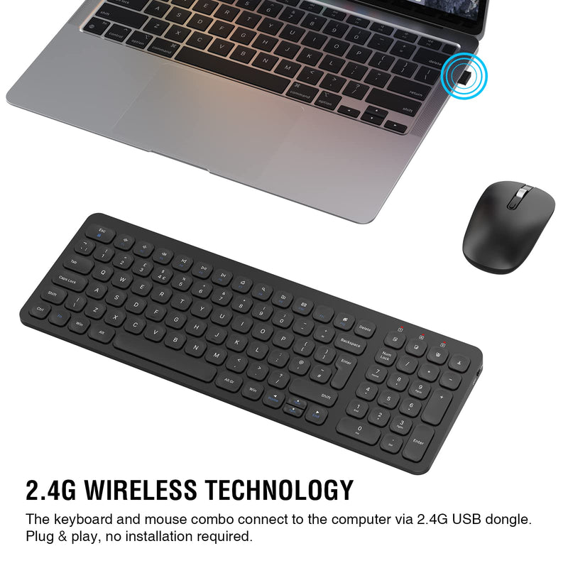 Wireless Keyboard and Mouse, PINKCAT 2.4G QWERTY UK Layout Keyboard and Cordless Silent Mouse Combo with Numeric Keypad Ergonomic Energy Saving for Windows, Computer, Desktop, PC, Laptop (Black)