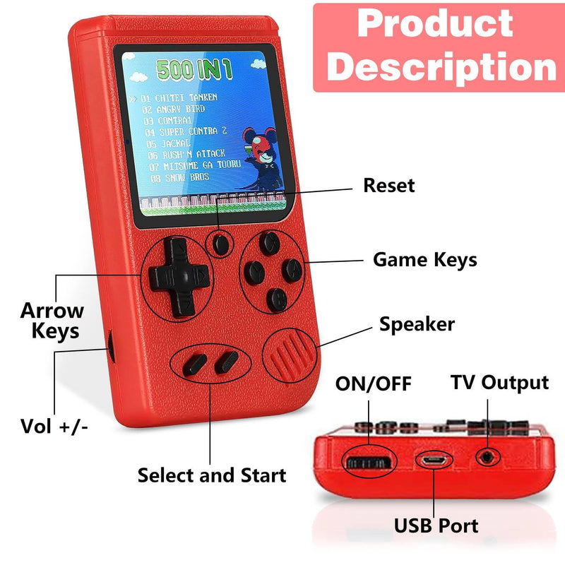 Handheld Game Console with 1200mAh Rechargeable Battery, 500 Classic Games 3.0-Inch Screen Support TV Connection & Two Players, Portable Game Console Ideal Christmas or Birthday Gift for Kids Adult