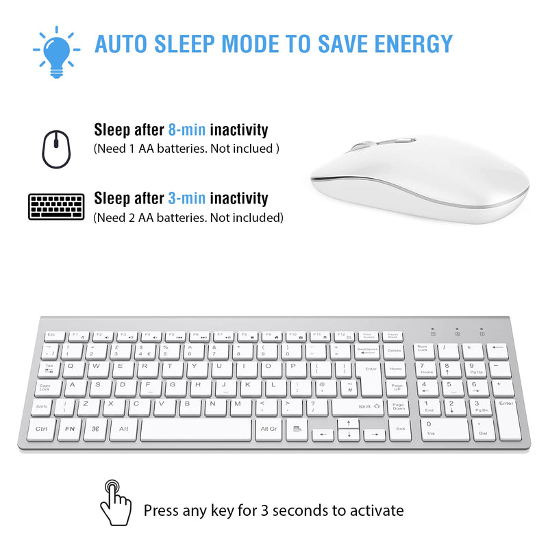 Wireless Keyboard Mouse Combo, cimetech 2.4G Ultra-Thin Keyboard and Mouse Set with Sleek Ergonomic Silent Design & Stable Connection for Windows PC Laptop Computer (QWERTY UK Layout, Silver White)