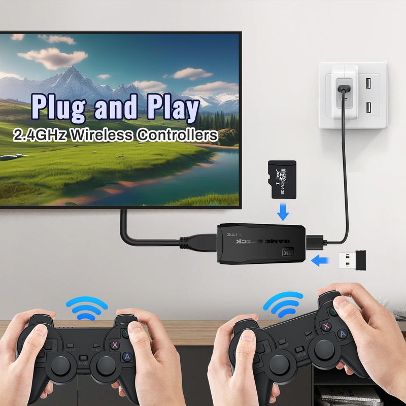 M8 Game Stick, 4K Wireless Retro Game Console, USB Game Console Plug and Play TV Stick with 2 2.4G Game Controllers, Support 3500/10000+ Games, Support 4K HD Output (128G/20000 games)