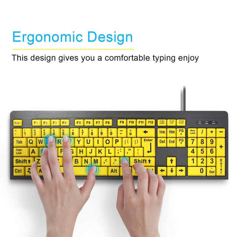 Large Print Computer Keyboard Wired USB High Visibility Keyboard, Elderly High Contrast Keyboard, Oversized Letter for Visually Impaired Low Vision Individuals (Yellow+Black)