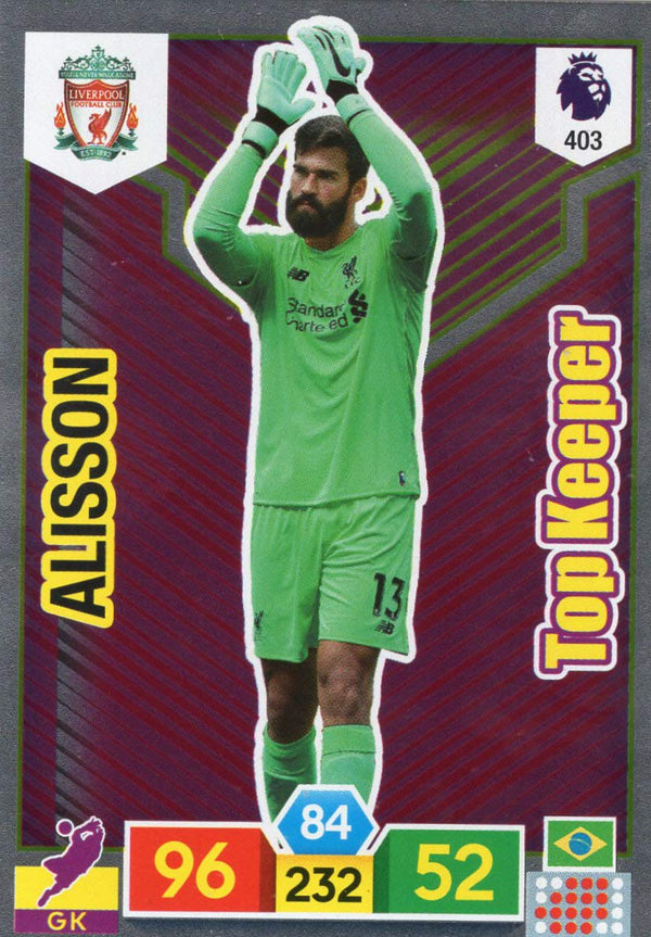 Panini Adrenalyn XL PREMIER LEAGUE 2019/20 ALISSON TOP KEEPER TRADING CARD - LIVERPOOL