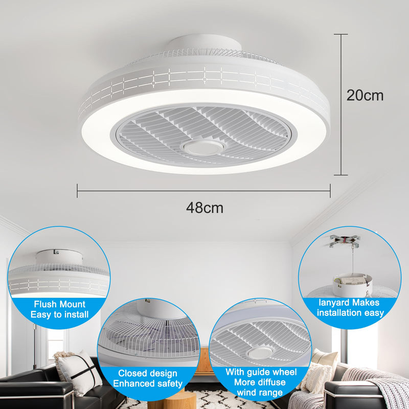 LOKUNM Reversible Ceiling Fans with Lights 48cm Smart Ceiling Fan Light 6 Speeds Dimming Flush Mount Ceiling Lights with Fans and Remote 36W Memory Ceiling Fan Quiet Fan Light Ceiling for Bedroom