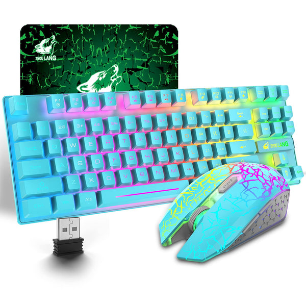 Wireless Keyboard Mouse Combo, Rainbow Backlit 2.4G Rechargeable 3800mAh Battery 87 Keys Gaming Keyboard + 2400DPI 6 Buttons Optical LED Gaming Wireless Mouse + Mouse Pad, for PC Mac, Game, Blue