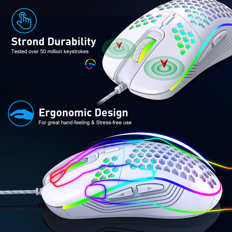 JYCSTE Wired gaming mouse, RGB backlighting and 7200 adjustable DPI, ergonomic and lightweight USB computer mouse with high-precision sensor for Windows PC & laptop gamers (White)