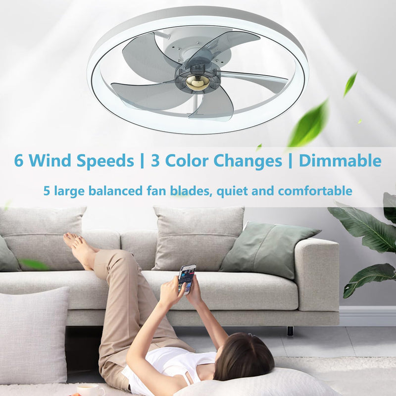 LMiSQ Modern Ceiling Fans with Lights Reversible Fan with Remote 50cm Smart Ceiling Fan Lighting Timing 6 Speeds Low Profile Ceiling Fan with Light Dimmable LED Fan Light Flush Mount for Bedroom