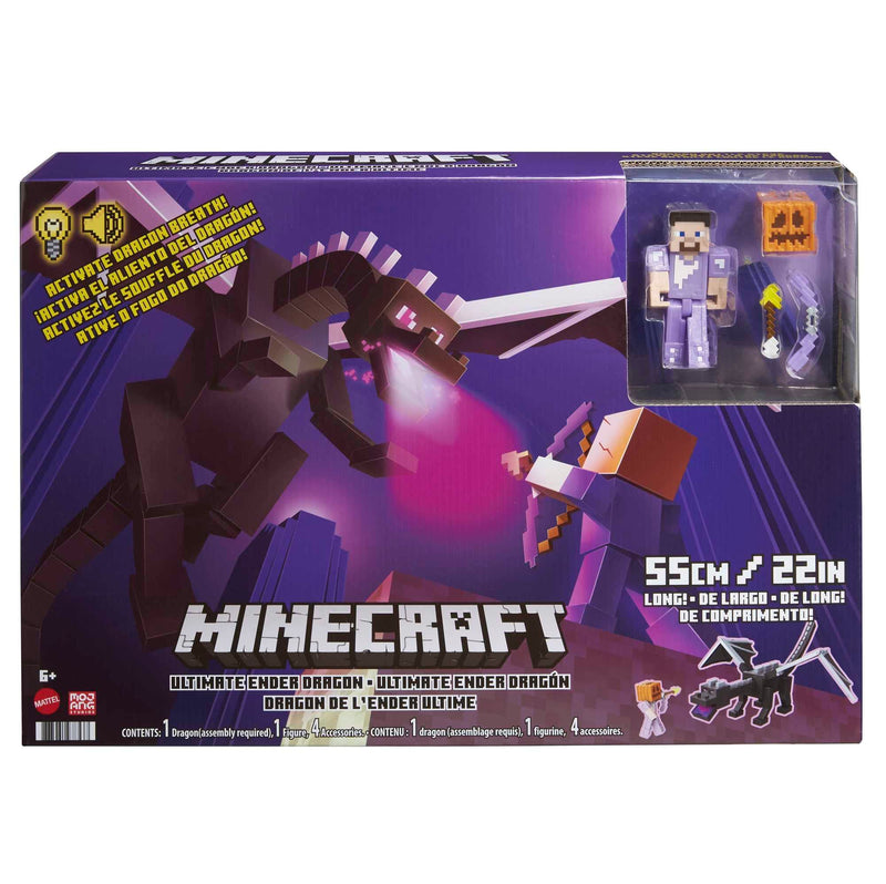 Minecraft Ultimate Ender Dragon Figure, 20-in Mist-Breathing Creature, Plus 3.25-in Color-Change Steve Figure, Weapon, Amor and Battle Accessory, Gift for 6 Years Old and Up