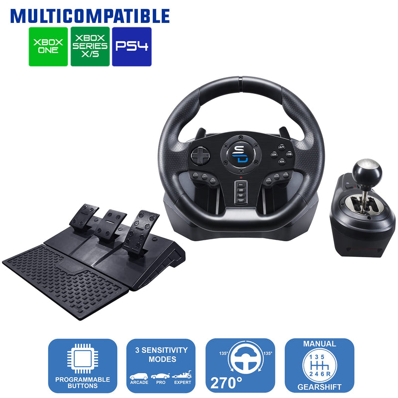 Subsonic Superdrive Gs850-X racing wheel with manual shifter, 3 pedals, shift paddles for Xbox Series X/S, PS4, Xbox One (programmable for all games)