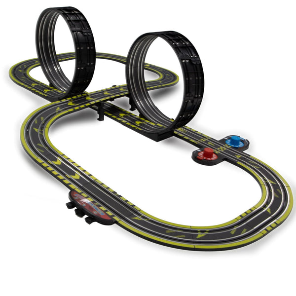 Micro Scalextric Sets for Kids Age 4+ - Double Jeopardy Race Set - Mains Powered Electric Racing Track Set, Slot Car Race Tracks - Includes: 1x Race Set, 1x Stunt Loop, 1x Ejector Lap Counter