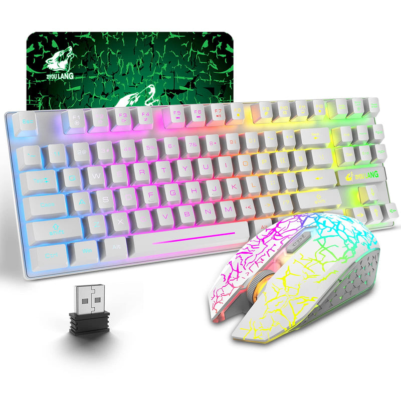 RGB Wireless Gaming Keyboard and Mouse, 87 Key Rainbow LED Backlit 2.4G Rechargeable 3800mAh Battery Mechanical Feel Gaming Keyboard + LED Gaming Wireless Mouse + Mouse Pad, for Gamer or Office, White