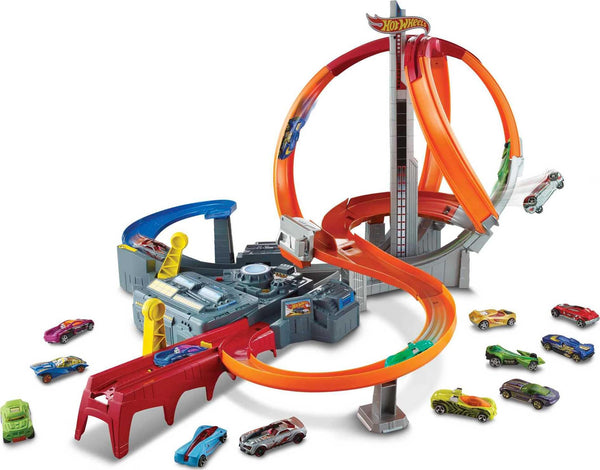 Hot Wheels Track Set with 1 Toy Car, Multi-Lane, Motorized Track with 3 Crash Zones, Spin Storm Racetrack, CDL45