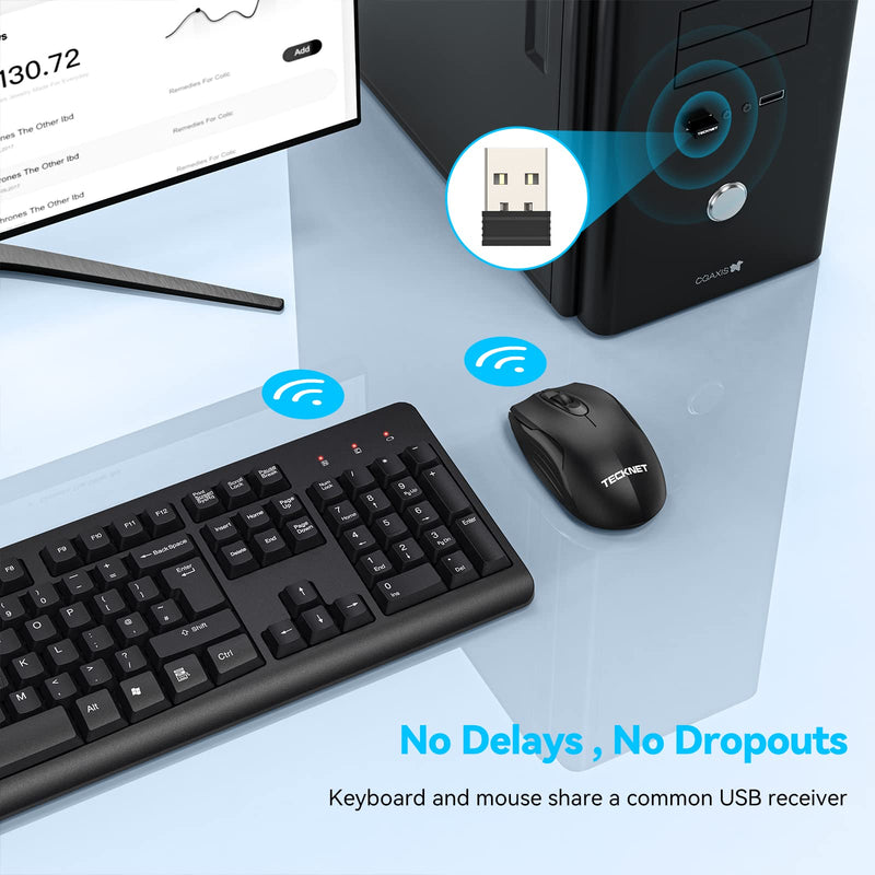 TECKNET Wireless Keyboard and Mouse Set, Ergonomic 2.4G Cordless Keyboard & Mouse Combo Silent, Full-Size Keyboard, Spill-Resistant with Nano USB Receiver for PC, Laptop, Computer - QWERTY, UK Layout