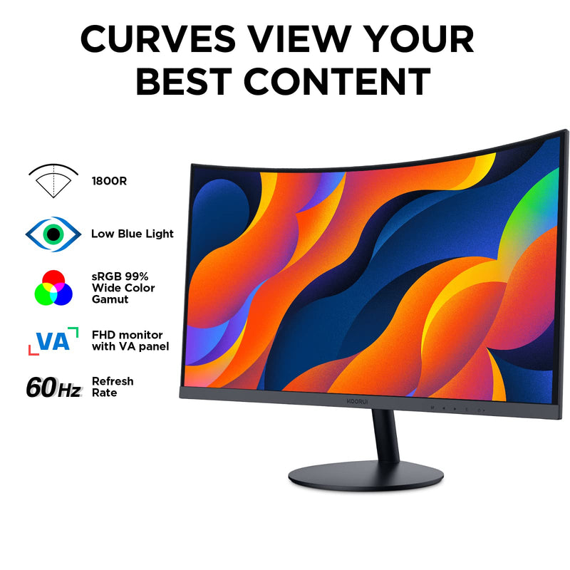 KOORUI 24-Inch Curved Computer Monitor- Full HD 1080P 60Hz Gaming Monitor 1800R LED Monitor HDMI VGA, Tilt Adjustment, Eye Care, Black 24N5C