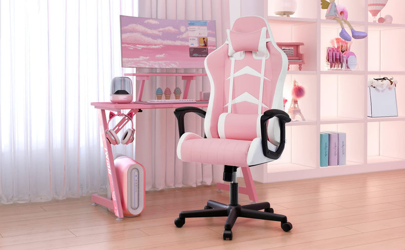 IntimaTe WM Heart Gaming Chair, Ergonomic High Back Office Racing Chair with Armrest, Swivel Leather Desk Chairs with Adjustable Headrest and Lumbar Cushion for Office and Home (Pink)