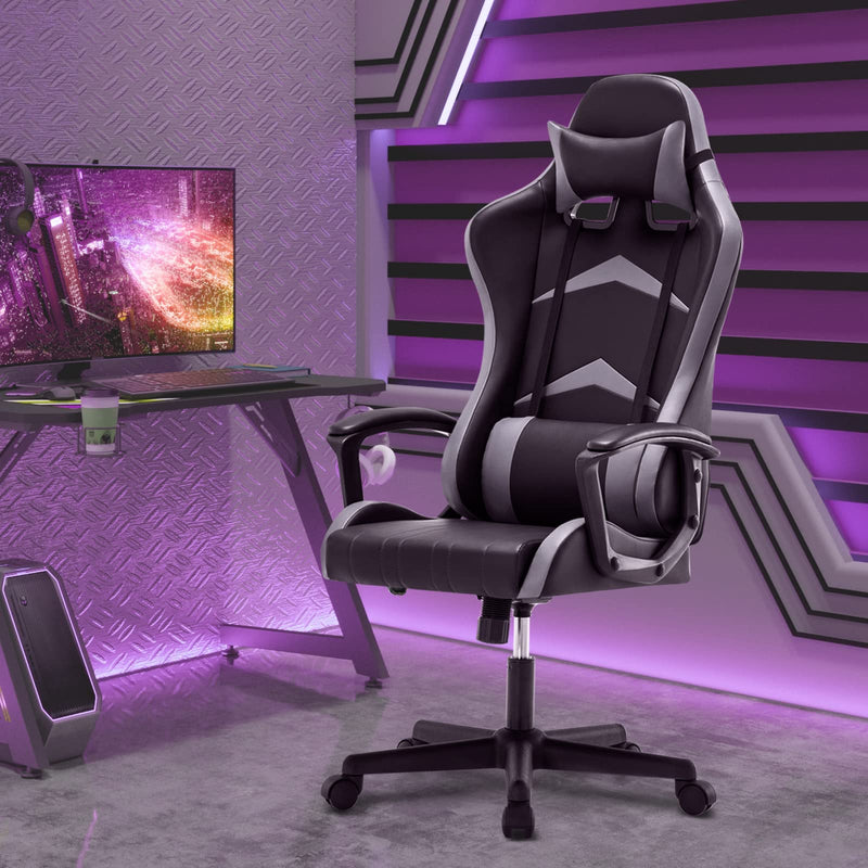 IntimaTe WM Heart Gaming Chair, Ergonomic High Back Office Racing Chair with Armrest, Swivel Leather Desk Chairs with Adjustable Headrest and Lumbar Cushion for Office and Home (Gray)