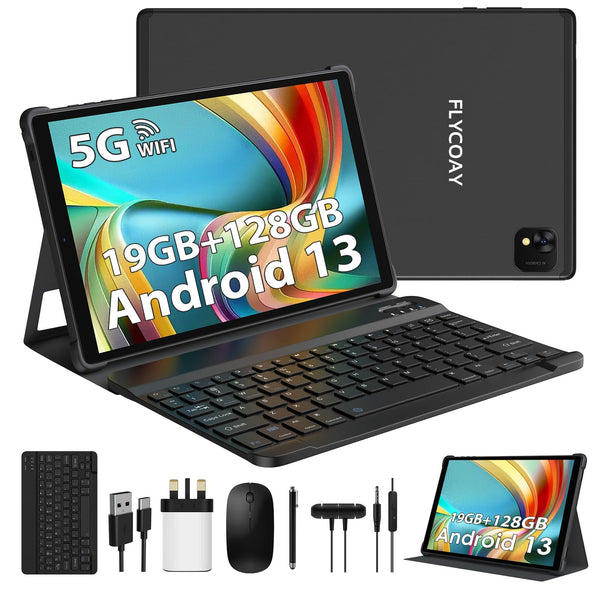 FLYCOAY Tablet 10 Inch Android 13,Cores,19GB RAM+128GB ROM (TF 1TB) 5G+2.4G WIFI, 2.0GHz, 8000mAh, Split Screen, Face ID,GPS,Tablet with keyboard | Mouse| case| Pen| etc. (Black)