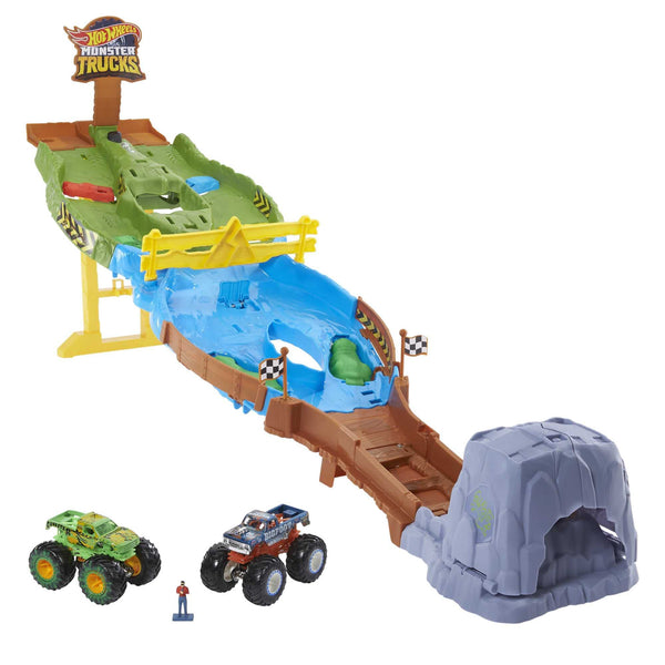 Hot Wheels Monster Trucks Toys, Wreckin’ Raceway Playset with Monster Trucks Bigfoot & Gunkster, Convenient Storage, Gift for Kids, HGV12