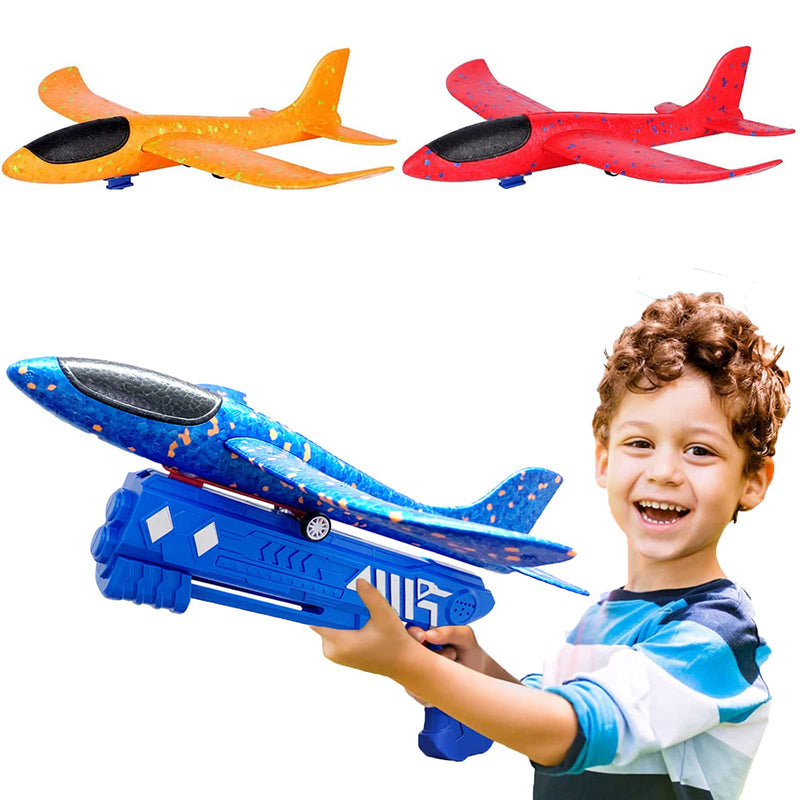 YQLMTL Airplane Launcher Toys Set, Foam Airplane Launcher Toys, Launcher and 3 Foam Airplanes, Fun Outdoor Toys Shooting Game, Gifts for Children, Family and Friends (Blue Launcher)