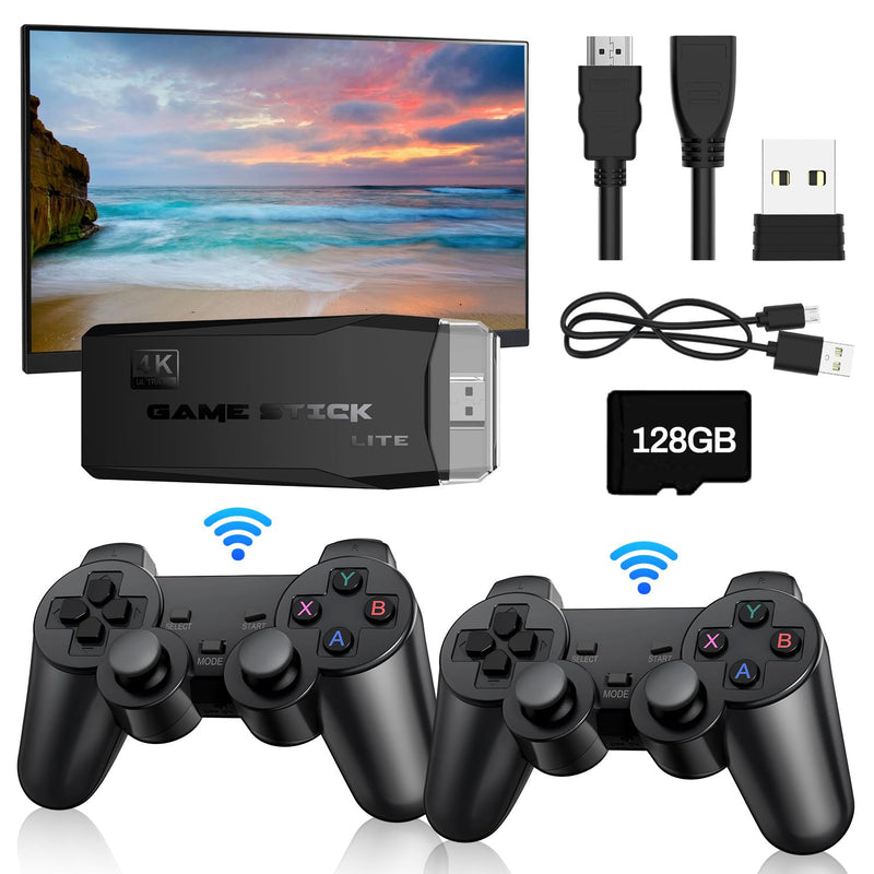 M8 Game Stick, 4K Wireless Retro Game Console, USB Game Console Plug and Play TV Stick with 2 2.4G Game Controllers, Support 3500/10000+ Games, Support 4K HD Output (128G/20000 games)