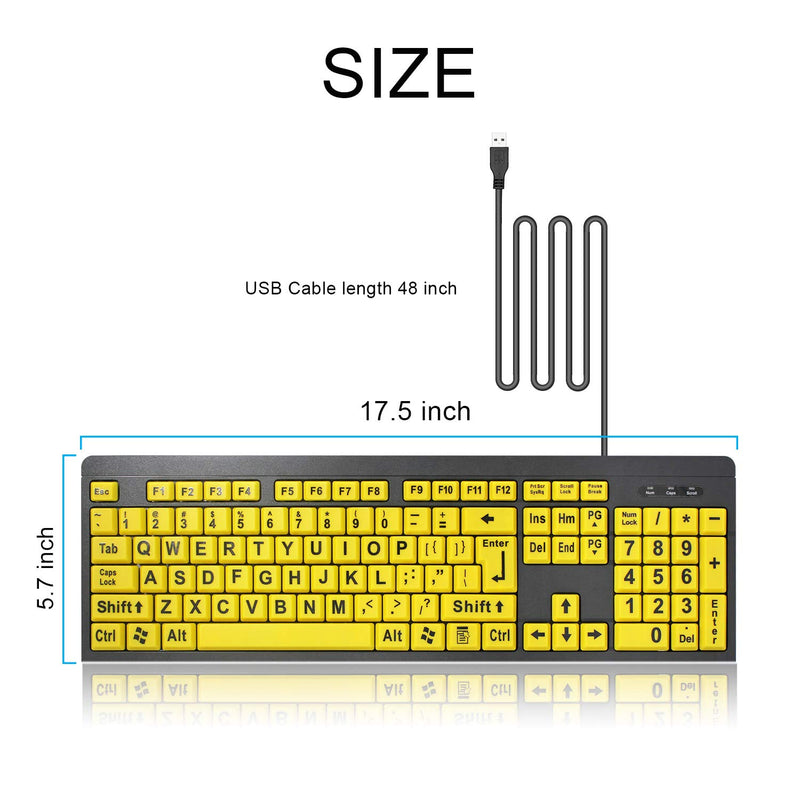 Large Print Computer Keyboard Wired USB High Visibility Keyboard, Elderly High Contrast Keyboard, Oversized Letter for Visually Impaired Low Vision Individuals (Yellow+Black)