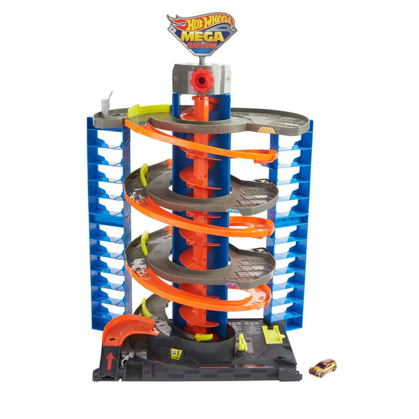 Hot Wheels City Mega Garage Playset with Corkscrew Elevator & Storage for 60+ Cars, Includes 1 Hot Wheels 1:64 Scale Vehicle, Connects to Other Hot Wheels Track Sets, Gift for Kids 4 Years Old & Up