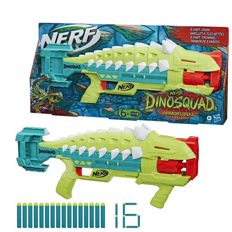 Nerf DinoSquad Armorstrike Dart Blaster, 8-Dart Rotating Drum, Drop Grip, 16 Nerf Elite Darts, Anklyosaurus Dinosaur Design