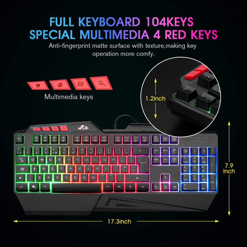 Rii RK202 Gaming Keyboard,LED Rainbow Backlit Light up Keyboard With Membrane Keys,Spill-Resistant,for PC Computer,Laptop,Windows,Gamer,Xbox one,PS4,PS5-UK Layout