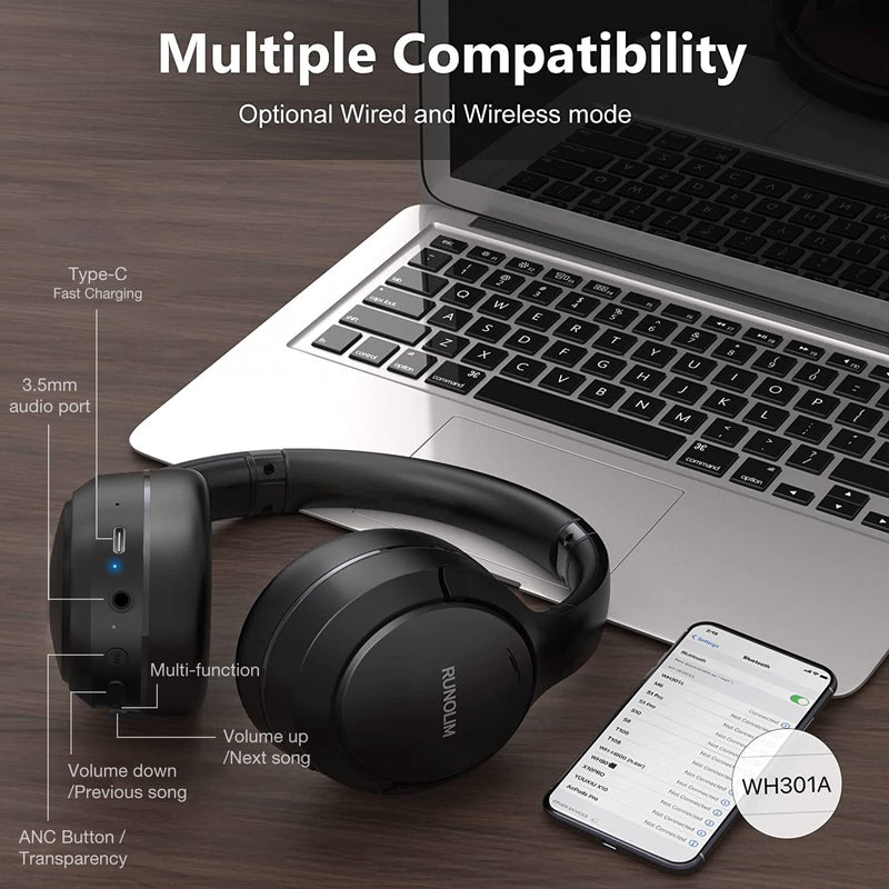 RUNOLIM Hybrid Active Noise Cancelling Headphones, Wireless Over Ear Bluetooth with Microphone, 65H Playtime, Foldable with HiFi Audio, Deep Bass for Home Travel Office