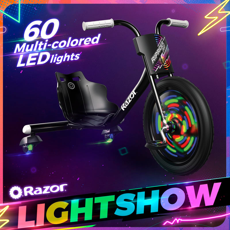 Razor RipRider 360 Lightshow – Trike with Rear Casters and with Motion-Activated Multi-Color Lights, 3 Wheeled Drifting Ride-On for Kids Ages 5 and Up