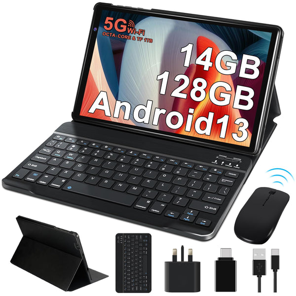 2024 Newest Tablet 10 Inch Tablet Android 13 14GB RAM 128GB ROM (TF 1TB), Octa Core 2.0 GHz, 5G WiFi, Bluetooth 5.0, 8000mAh, 5MP + 8MP, FHD IPS Display, Tablet with Keyboard Mouse Case - Black