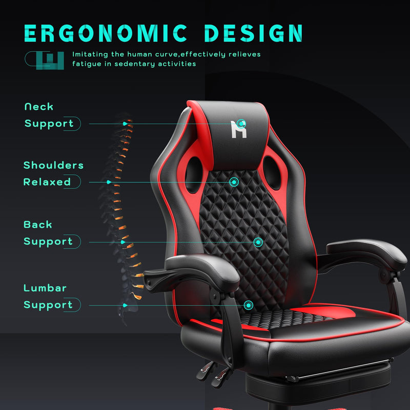 Precision Synergie Gaming Chair with footrest, Gaming Chair for Adults, Ergonomic Office Chair for home, Adjustable Height Computer Chair, Desk Chair with Armrests, Black-Red