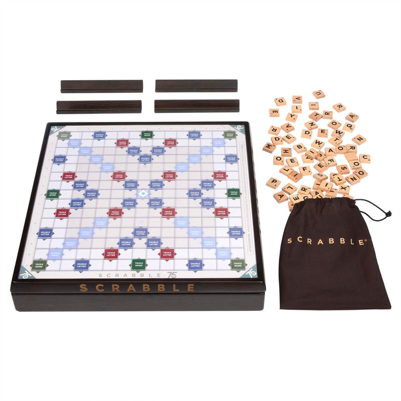 Scrabble Board Game, Premium 75th Anniversary Edition, English Version, Family Board Game for Kids and Adults, Rotating Wooden Board, Wooden Letter Tiles, Two Ways to Play, 2-4 Players, HPK85